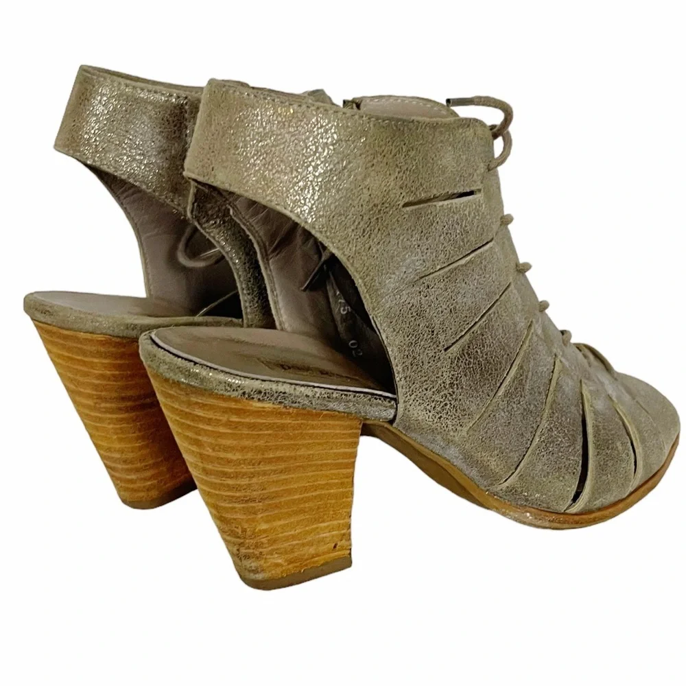 COSMO Paul Green Silver Metallic Cutout Leather Lace-up Peep Toe Ankle Bootie